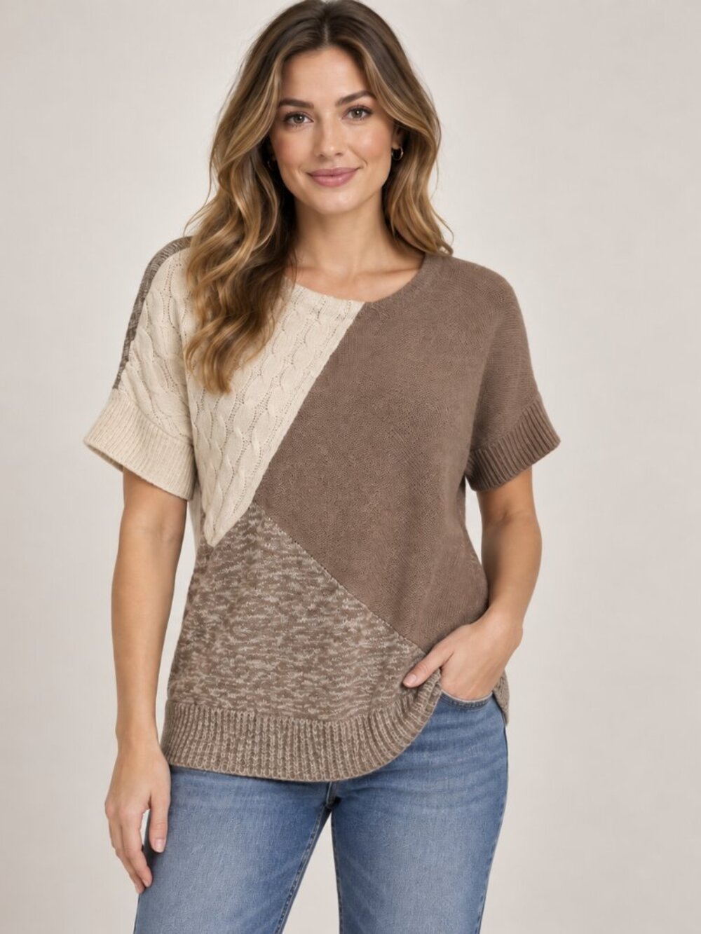 The Limited L Colorblock Cable Knit Sweater Top Taupe Cream Short Sleeve